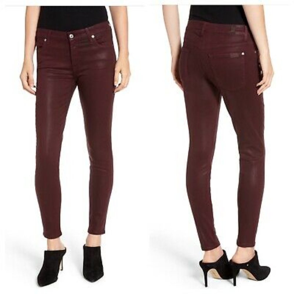 7 For All Mankind Mid Rise Ankle Skinny Jeans Coated Burgundy Color Size 28